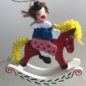 Decorated Wooden Rocking Horse with a Riding Clown Christmas Ornament - VTG